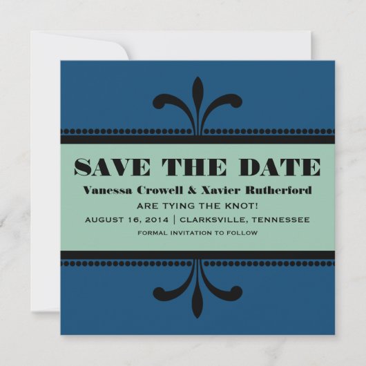 Blauw/de Fancy Kunst deco sparen de Datum uitnodig Save The Date (Voorkant)