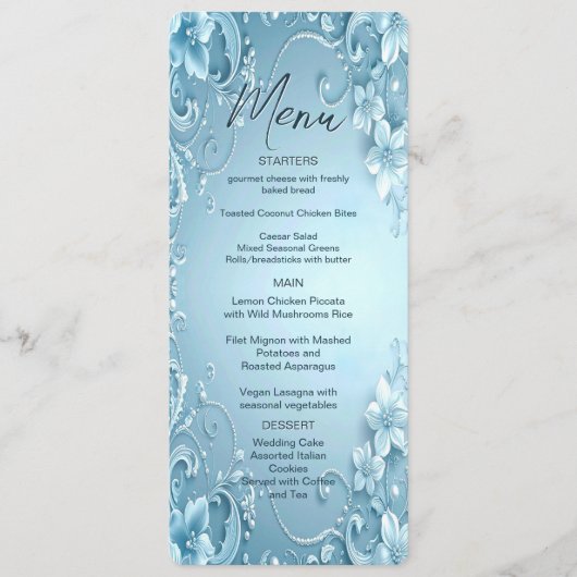 Blauw decoratief bloemendiner menu (Voorkant)