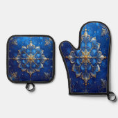 Blauw decoratief ovenwant & pannenlap set (Voorkant)