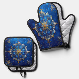 Blauw decoratief ovenwant & pannenlap set