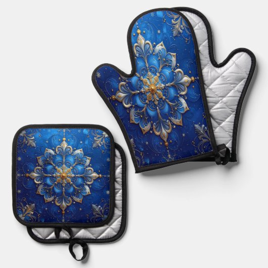 Blauw decoratief ovenwant & pannenlap set (Voorkant / Achterkant)