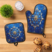 Blauw decoratief ovenwant & pannenlap set (Top down)