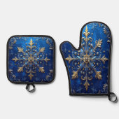Blauw decoratief ovenwant & pannenlap set (Voorkant)
