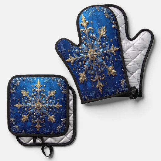 Blauw decoratief ovenwant & pannenlap set (Voorkant / Achterkant)