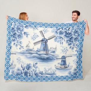 Blauw Delfts Molen Bloemtegeltje Rand Fleece Deken