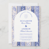 Blauw Delfts Tegel Patchwork Bruiloft Kaart (Voorkant)