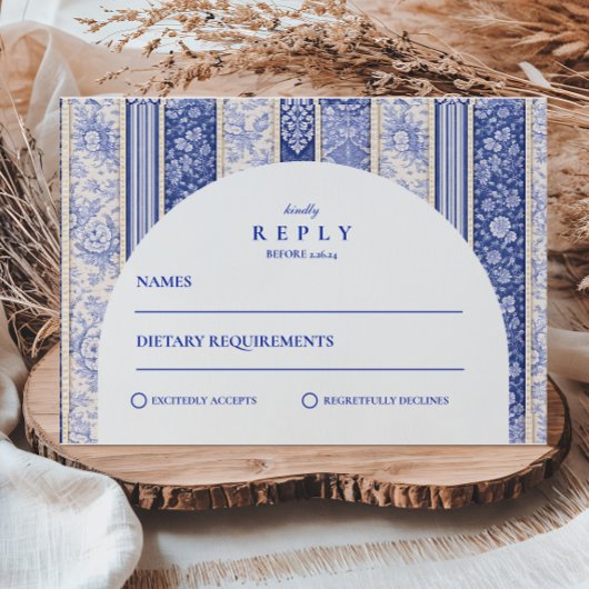 Blauw Delfts Tegel Patchwork Bruiloft RSVP Kaartje