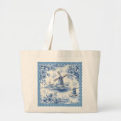 Blauw Delfts Windmolen Bloemen Tegel Border Quote Grote Tote Bag (Voorkant)