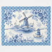 Blauw Delfts Windmolen Bloemen Tegel Grens Fleece Deken (Voorkant (Horizontaal))