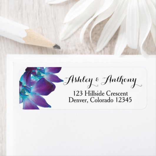 Blauw Dendrobium Orchidee Bruiloft Retouradres Etiket (Insitu)