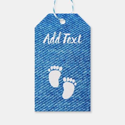 Blauw denim Baby shower voetenprint Cadeaulabel (Voorkant)