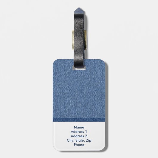 Blauw denim, blauw blauw blauw leder en opvallende bagagelabel (Achterkant verticaal)