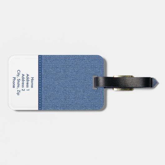 Blauw denim, blauw blauw blauw leder en opvallende bagagelabel (Achterkant horizontaal)