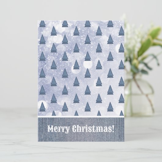 Blauw Denim Boom Winter Scène Patchwork Feestdagenkaart (Staand voorkant)