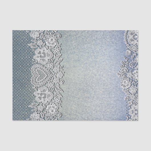 Blauw Denim Broek & Witte Hart Kant Bruiloft Feest Tissuepapier (Voorkant)