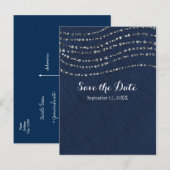 Blauw Denim & Diamanten Fonkelende Bling Save The Aankondigingskaart (Voorkant / Achterkant)