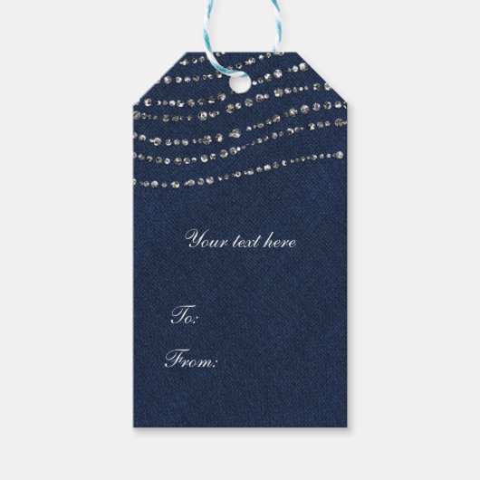 Blauw Denim & Diamanten Glitter Feest Cadeaulabel (Voorkant)