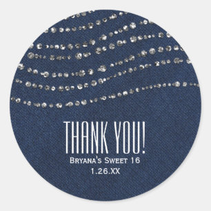 Blauw Denim & Diamanten Glitteren Bling Feest Favo Ronde Sticker