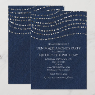 Blauw Denim & Diamanten Glitteren Bling Verjaardag Kaart