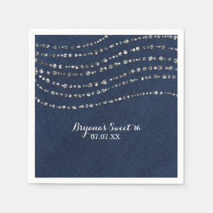 Blauw Denim & Diamanten Glitteren Bling Verjaardag Servetten