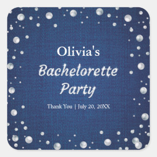 Blauw Denim Diamanten Parels Bachelorette Feest Vierkante Sticker