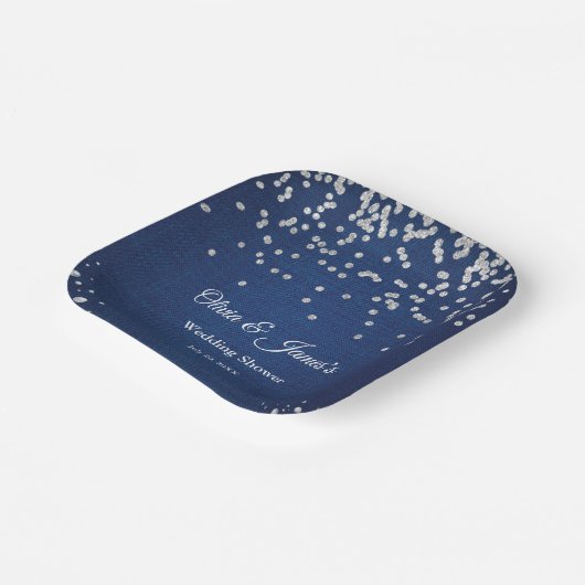 Blauw Denim Diamanten Parels Koppel Trouw Bruidsfe Papieren Bordje (Gebogen)