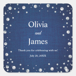 Blauw Denim Diamanten Parels Koppel Trouw Bruidsfe Vierkante Sticker