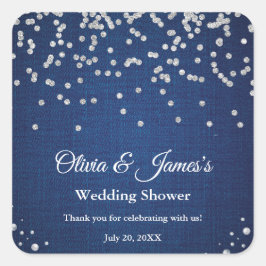 Blauw Denim Diamanten Parels Koppel Trouw Shower Vierkante Sticker