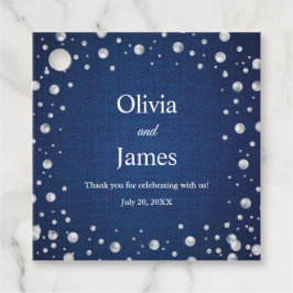 Blauw Denim Diamanten Parels Trouw Koppel Bruiloft Bedankjes Labels