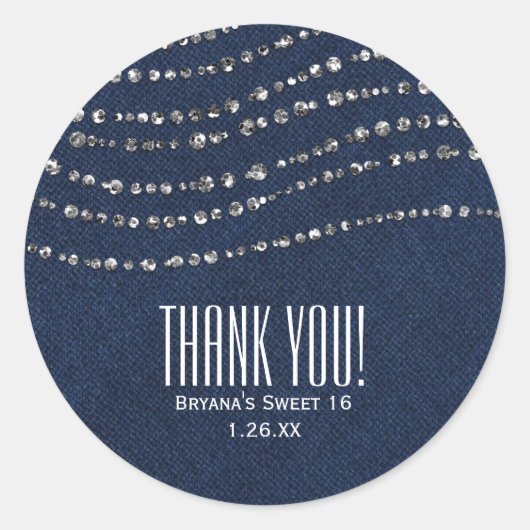 Blauw Denim & Diamonds Sparkle Bling Party Favor Ronde Sticker (Voorkant)
