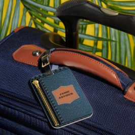 Blauw denim doek met rits en label Jean stof Bagagelabel