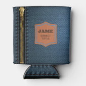 Blauw denim doek met rits en label Jean stof Blikjeskoeler (Voorkant)