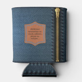 Blauw denim doek met rits en label Jean stof Blikjeskoeler (Achterkant)