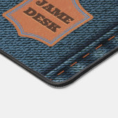 Blauw denim doek met rits en label Jean stof Bureaumat (Hoek)