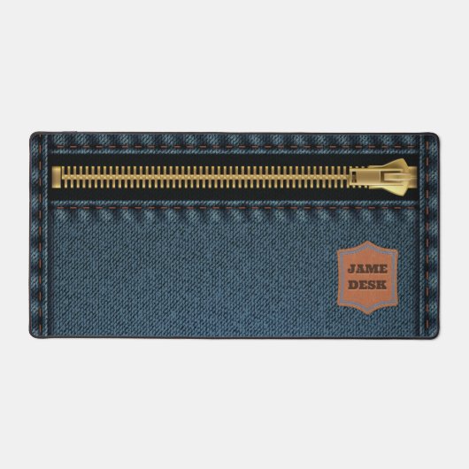 Blauw denim doek met rits en label Jean stof Bureaumat (Voorkant)