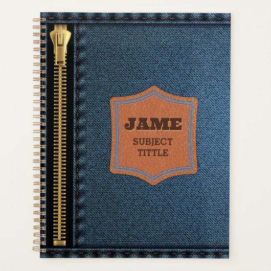 Blauw denim doek met rits en label Jean stof Planner (Voorkant)