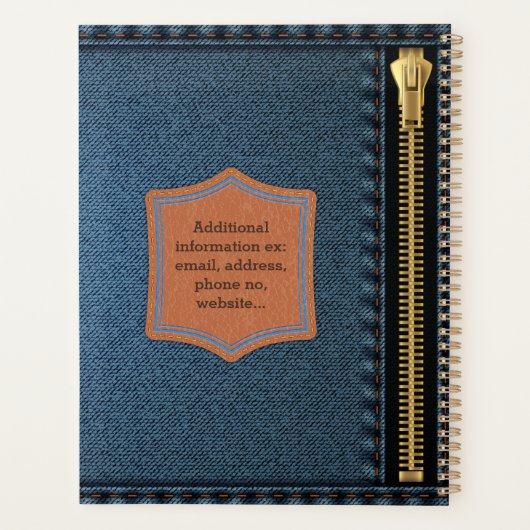 Blauw denim doek met rits en label Jean stof Planner (Achterkant)