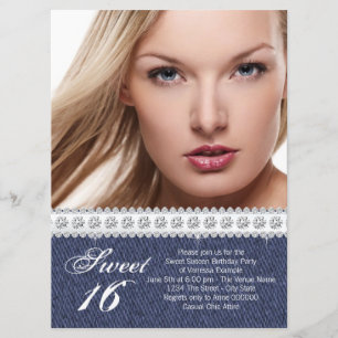 Blauw Denim en Diamond Sweet Sixteen Feest Kaart