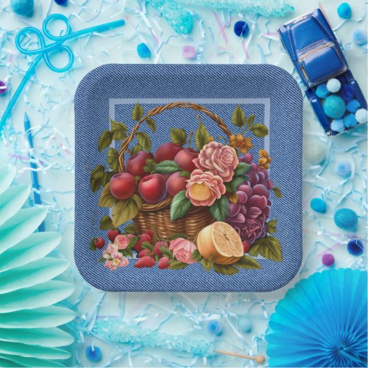 Blauw denim fruit en bloemen papieren bordje (Feest)