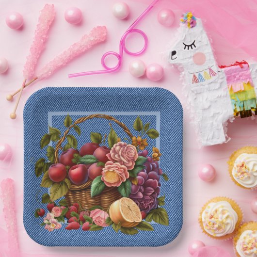 Blauw denim fruit en bloemen papieren bordje (Feest)