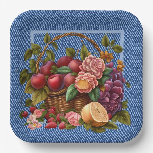 Blauw denim fruit en bloemen papieren bordje (Voorkant)