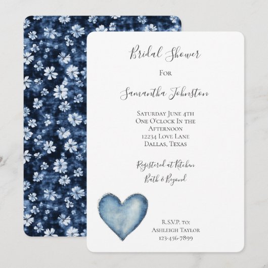 Blauw Denim Hart Bloemige Bruiloftsdouche Kaart (Voorkant / Achterkant)
