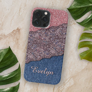 Blauw denim jeans roze goud roze glitterspatroon iPhone 15 pro max hoesje
