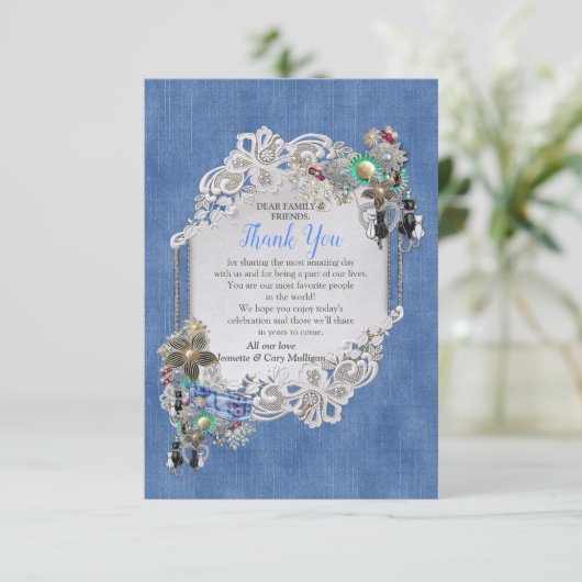 Blauw Denim, kant en kostuum sieraden dank u RSVP Kaartje (Staand voorkant)