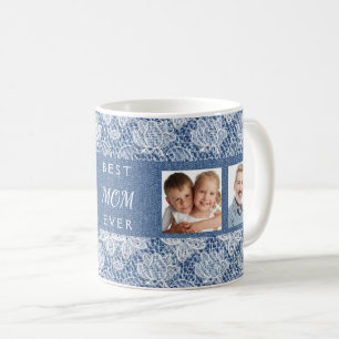 Blauw denim kant foto moeder koffiemok