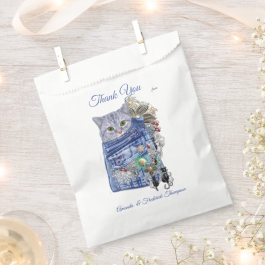 Blauw denim, kant, kostuum sieraden & Kittens Bedankzakje (Geknipt)