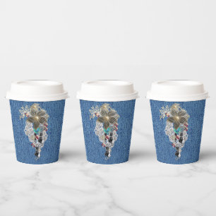 Blauw denim, kant, kostuum sieraden & Kittens Papieren Bekers