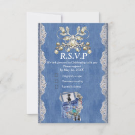 Blauw denim, kant, kostuum sieraden & Kittens RSVP Kaartje