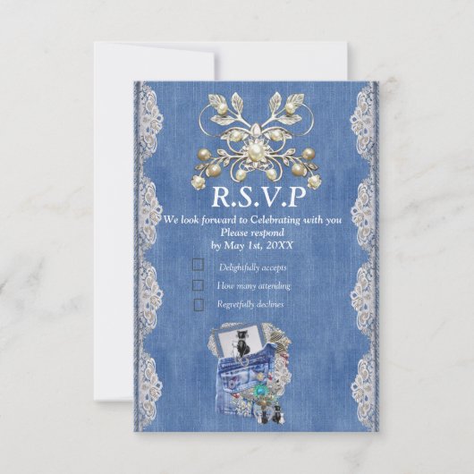 Blauw denim, kant, kostuum sieraden & Kittens RSVP Kaartje (Voorkant)