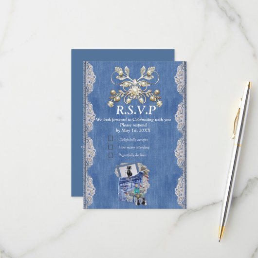 Blauw denim, kant, kostuum sieraden & Kittens RSVP Kaartje (Voorkant / Achterkant in situ)
